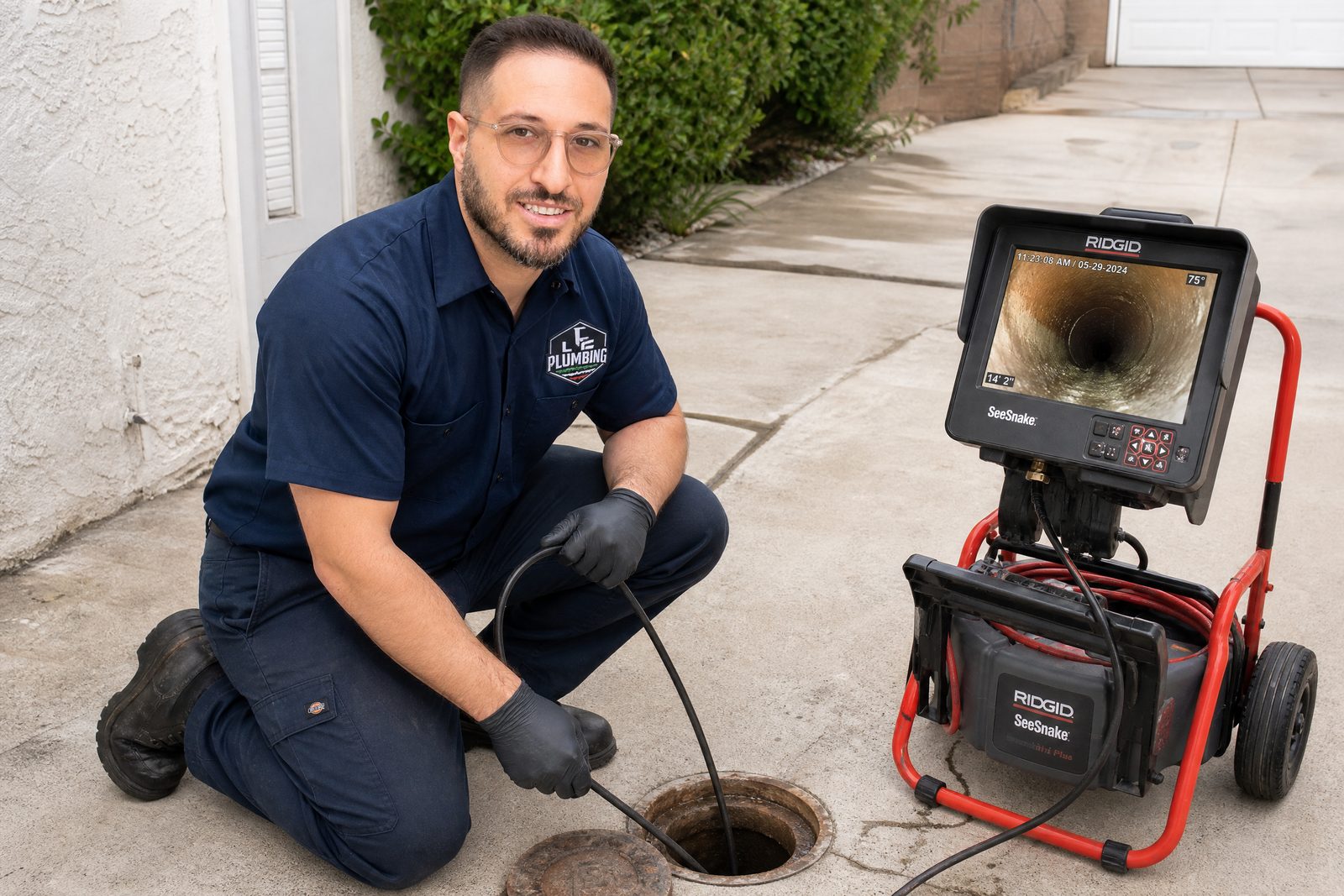 Luca Finizio performing sewer camera inspection in Simi Valley CA